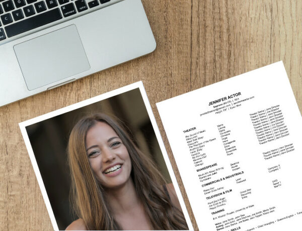 acting resume and a smiling woman's headshot on a table with a laptop