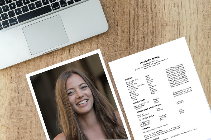 acting resume and a smiling woman's headshot on a table with a laptop